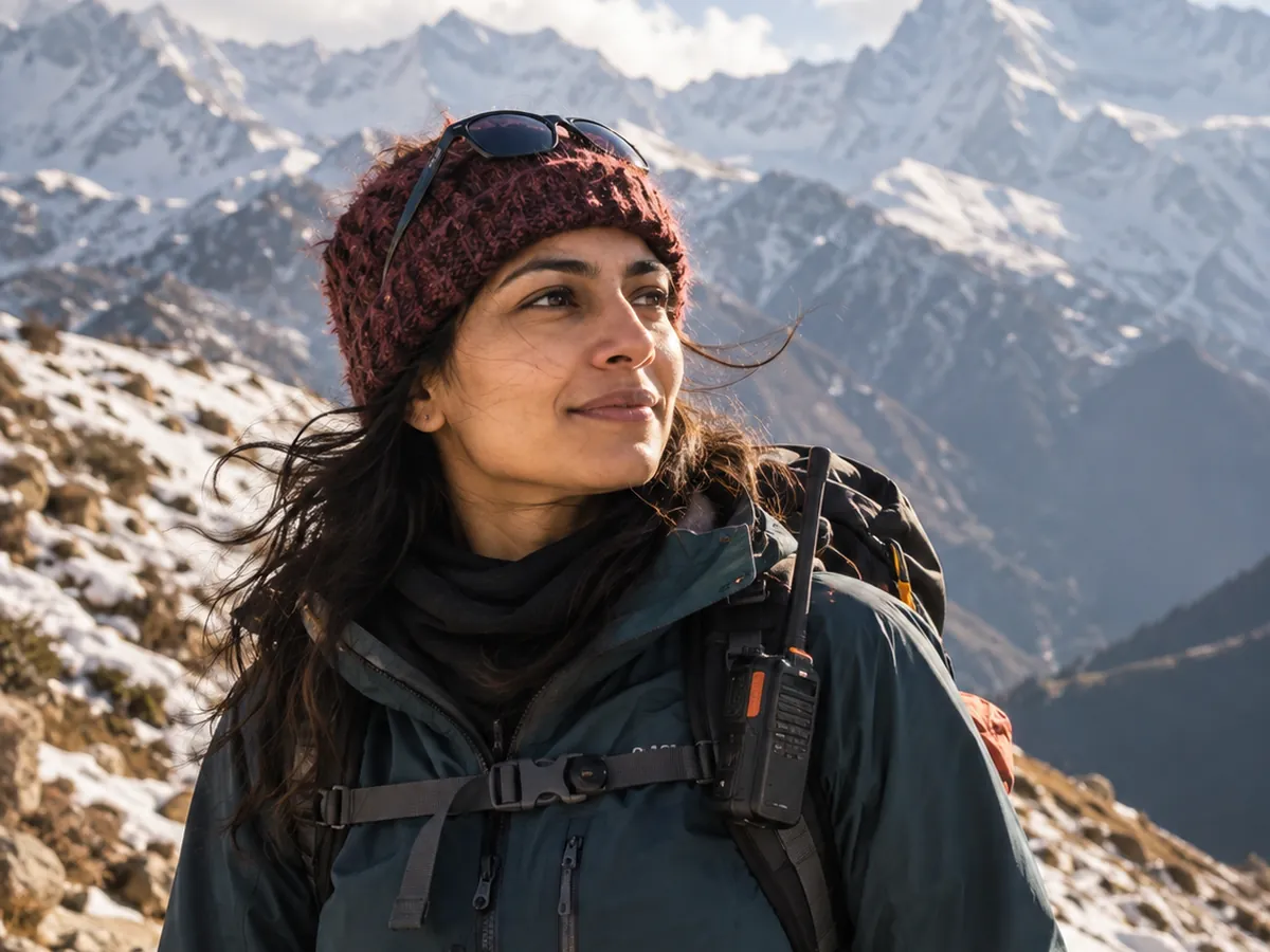 A trek leader in a red wool cap on a snowy ridge