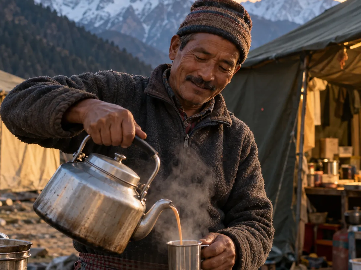 A camp cook pours steaming chai into steel cups outside a kitchen tent