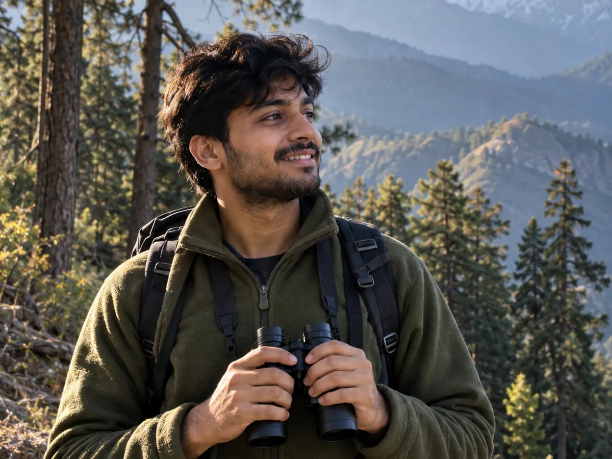 A trek leader with binoculars scanning the ridges, snow peaks behind