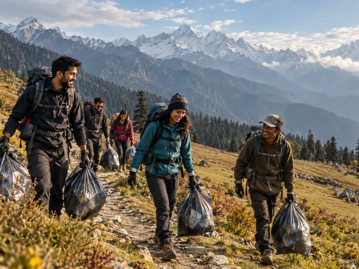 Trekkers carrying full rubbish sacks down a mountain trail