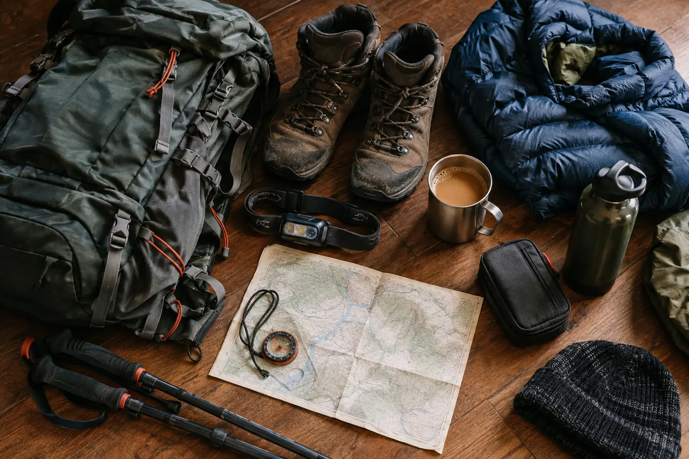 A trekking backpack, boots, down jacket, map and flask laid out on a wooden floor