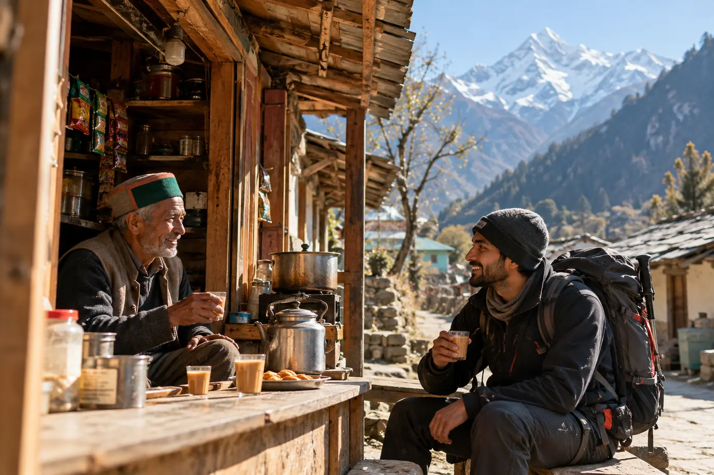 A trekker and a shopkeeper share tea at a wooden stall in a mountain village