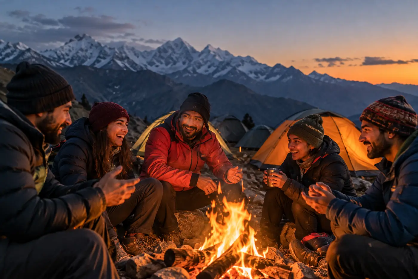 Trekkers laughing around a campfire at dusk, tents and snow peaks behind