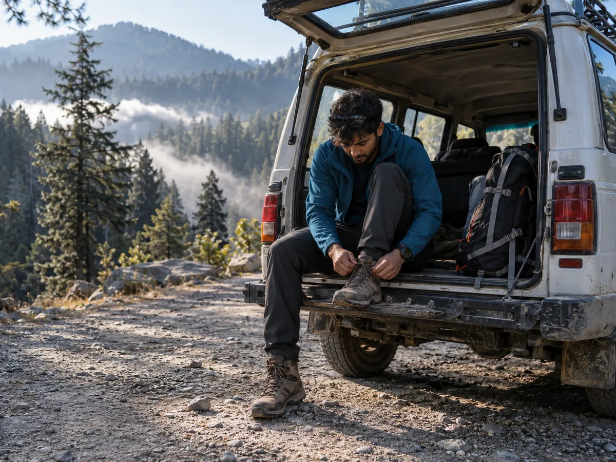 A trekker ties their boot laces on the tailgate of a jeep at a gravel roadhead, mist in the pines below