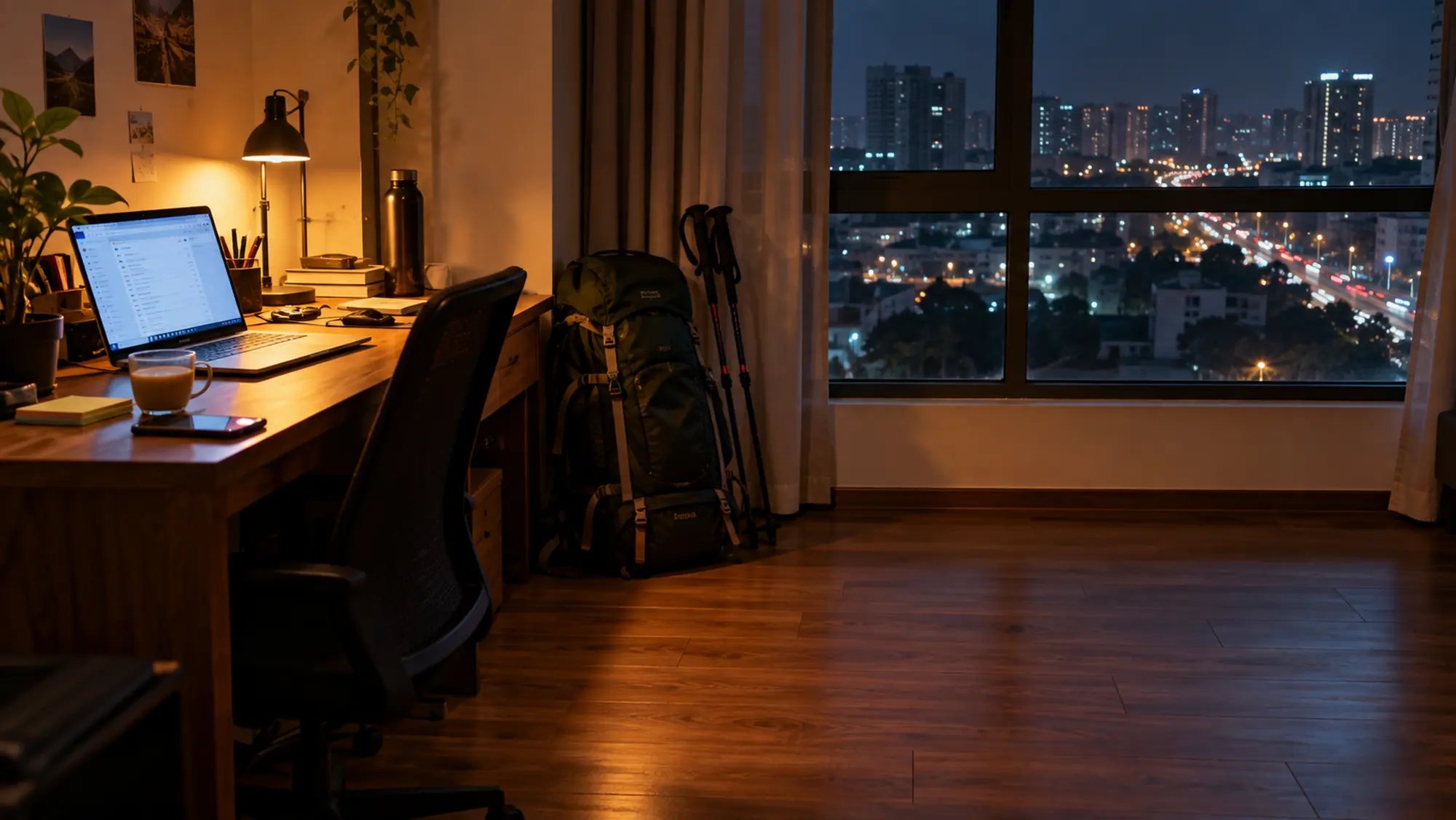 A desk in a city apartment at night, laptop glowing, a packed trekking backpack against the wall