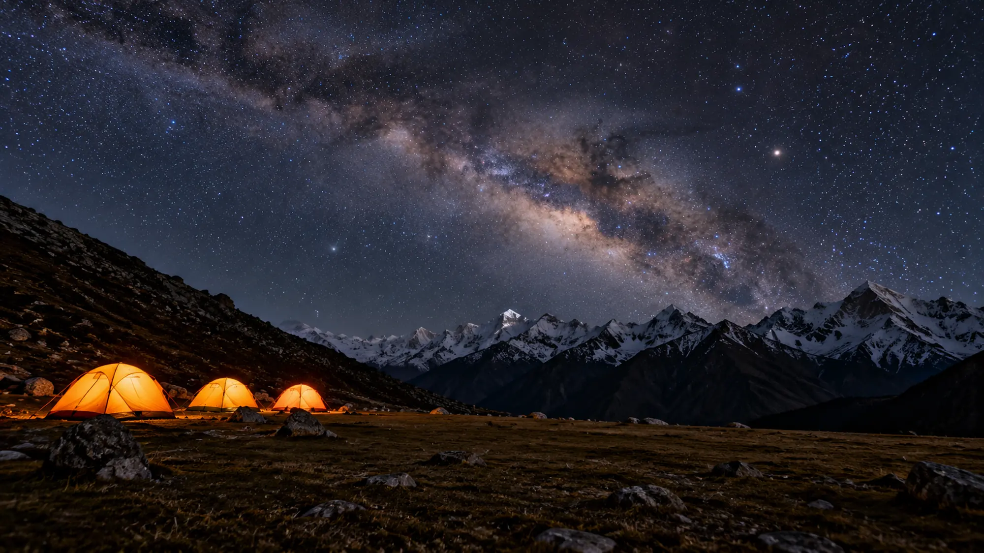 Three glowing tents at a high camp under the Milky Way, snow peaks on the horizon