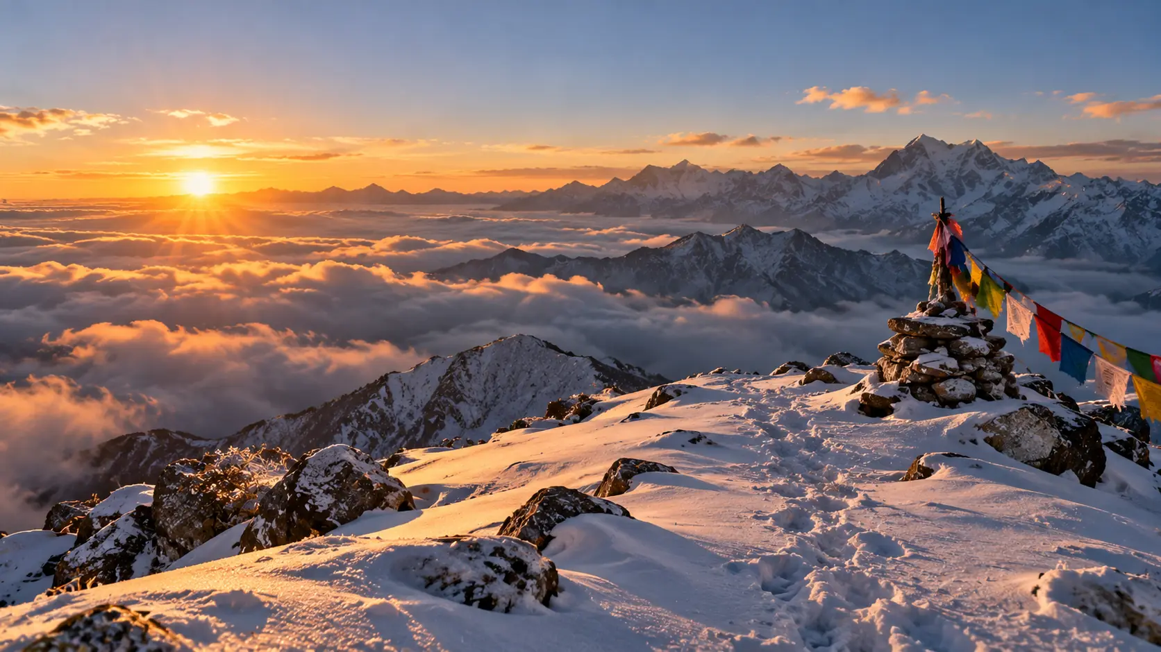 Sunrise over a sea of cloud from a snowy summit with prayer flags