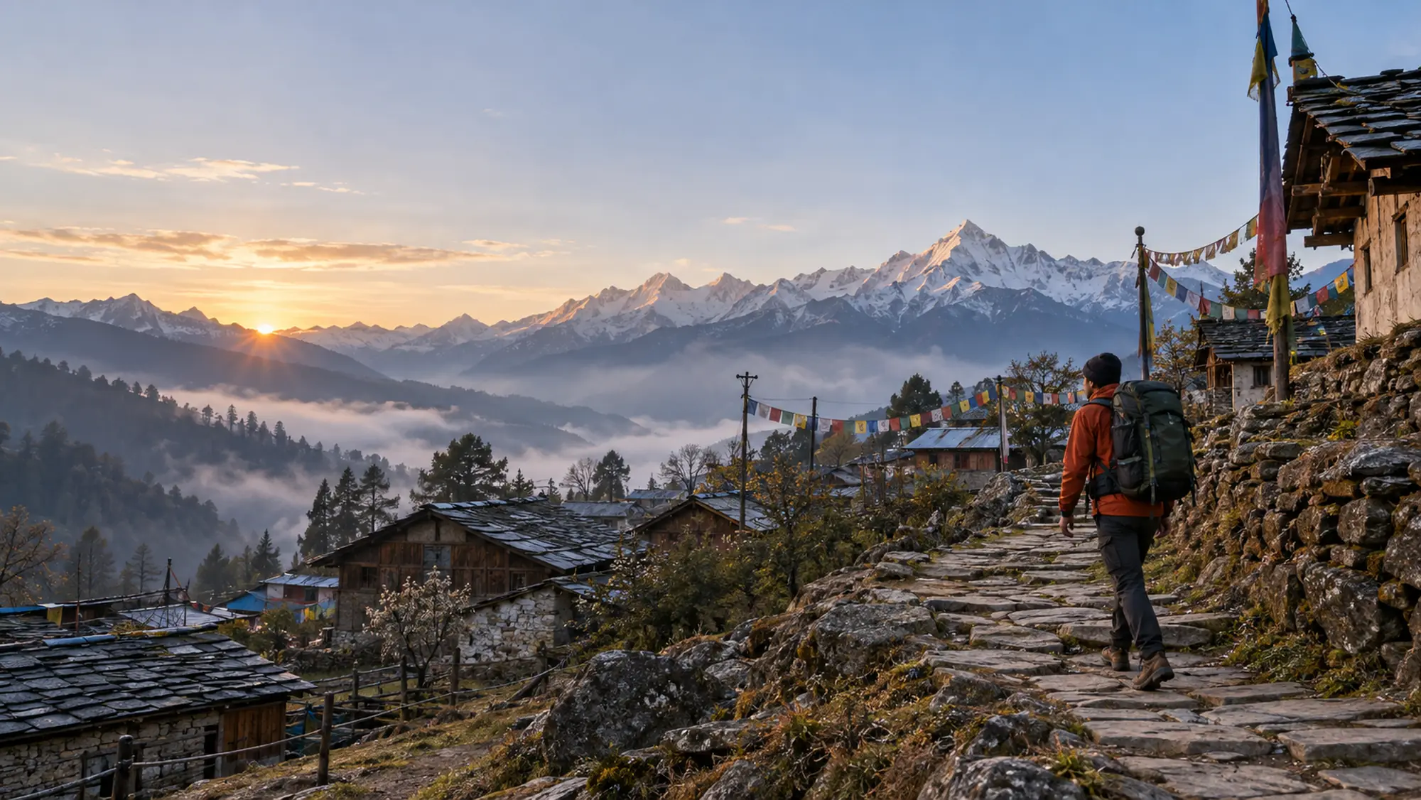 A trekker sets off along a stone path out of a Himalayan village at dawn, snow peaks ahead