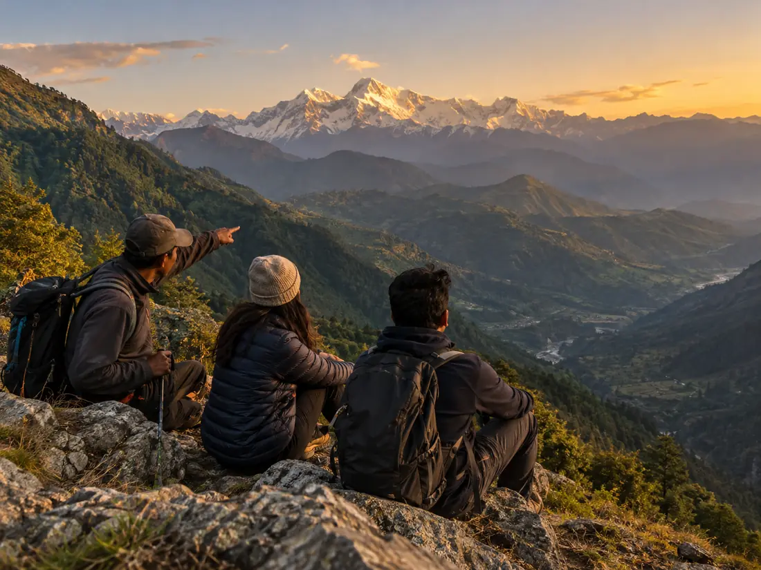 A trek leader points out the peaks to a small group resting on a ridge at sunset